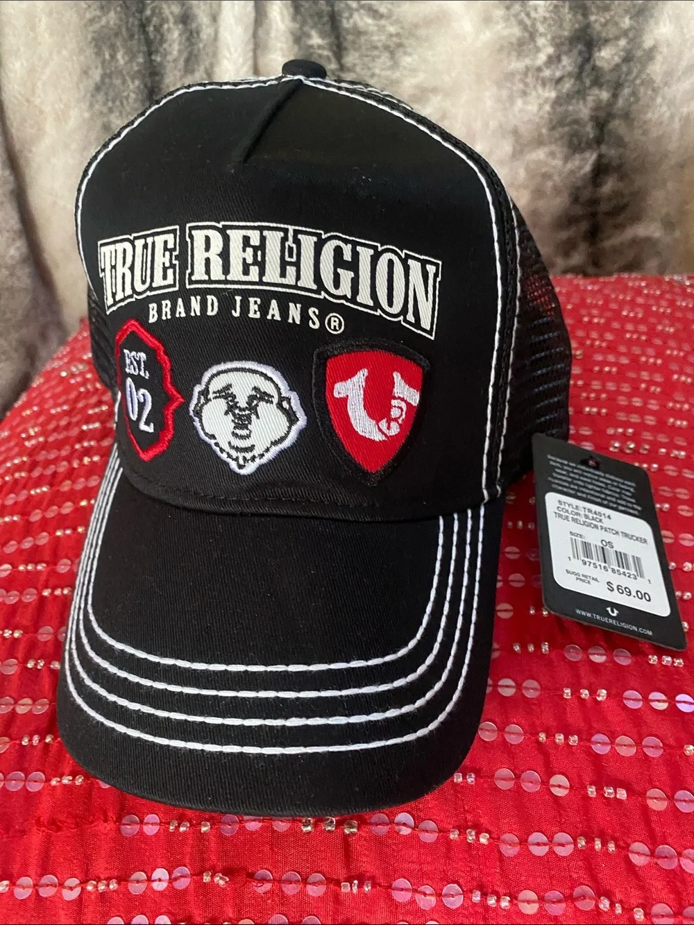 True Religion Black Embroidered Patch Logo Adjustable Hat NWT